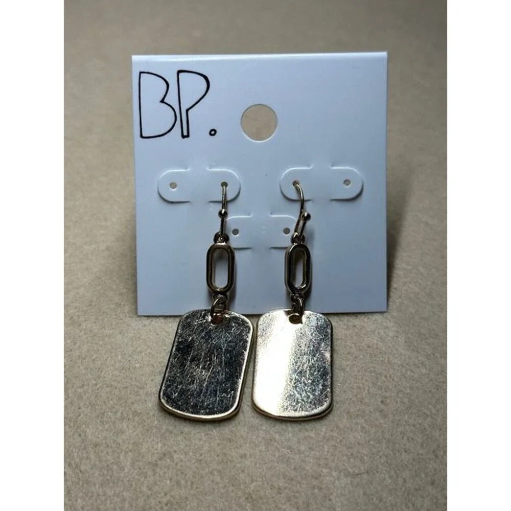 BP. Gold Tone Dog Tag Pendant Dangle Earrings Oval Link Chain NWT New Boho Gift